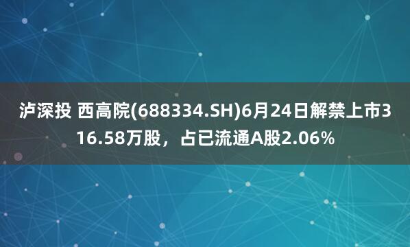 泸深投 西高院(688334.SH)6月24日解禁上市316.58万股，占已流通A股2.06%